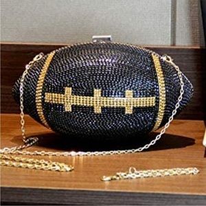 Black- Football Shaped Purse Rhinestone Crystal Evening Bag Clutch *NEW*